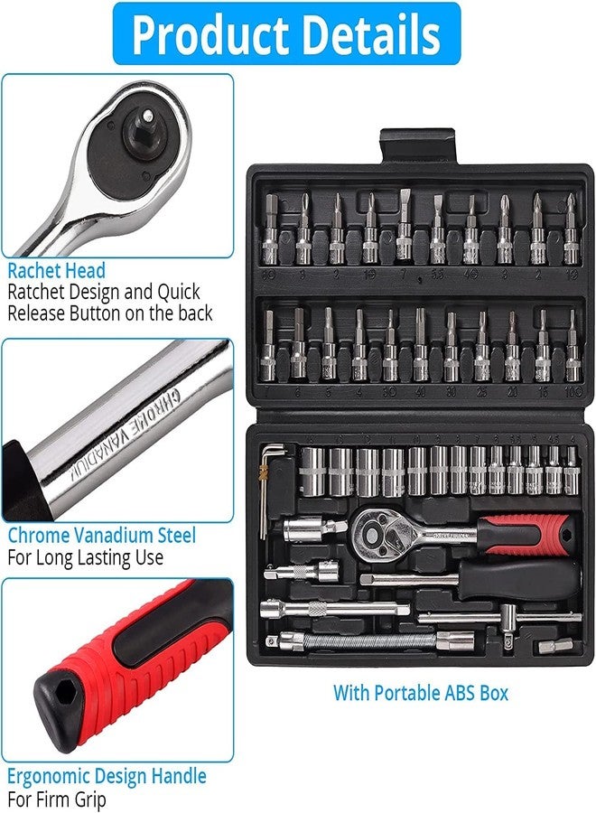ZSIGNS 46Pcs 1/4 Inch Drive Box End Socket Set,Metric Ratchet Wrench Set With 4-14Mm Cr-V Sockets,S2 Bits,Extension Bars,Mechanic Tool Kits For Household Auto Repair (Black), Chrome Vanadium Steel - Image 4